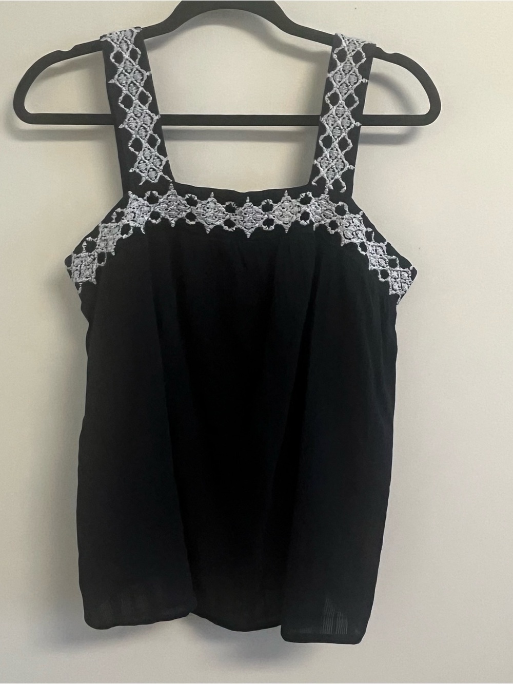 Womens Black Boho Peasant Tank Top Festival Embroidered Lace Inspired Trim XL
